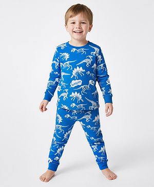 Bonfino 100% Cotton Knit Full Sleeves Co-ord Night Suit With Dino Print - Blue