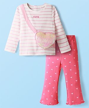 Babyhug Single Jersey Knit Full Sleeves Top & Pant Set With Attached Sequinned Pouch Stripes & Heart Print - Pink