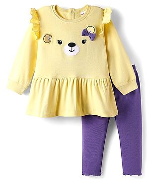 Babyhug Single Jersey Knit Full Sleeves Top and Leggings Set with Back-Snap Buttons & Bear Print - Yellow & Purple