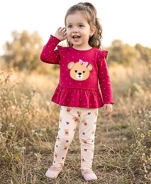 Babyhug Single Jersey Knit Full Sleeves Top & Leggings Set With Teddy Print Patch & Frill Detailing - Dark Pink & Beige