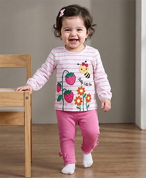 Babyhug Single Jersey Knit Full Sleeves Top and Leggings Set with Stripes & Floral Print - Pink