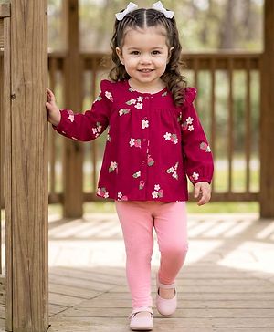 Babyhug Single Jersey Knit Full Sleeves Top and Leggings Set with Front-Buttons Floral Print & Frill Detailing - Maroon & Pink
