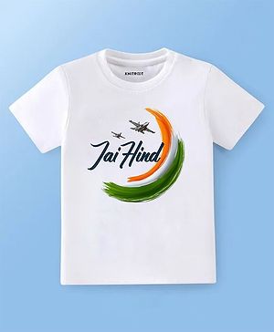 KNITROOT Cotton Lycra Knit Independence Day Theme Half Sleeves Jai Hind Text Printed Tee - White