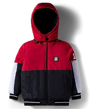 Babyhug Woven Full Sleeves Hooded Padded Jacket With Brooklyn Patch & Detachable Hood - Red & Navy Blue