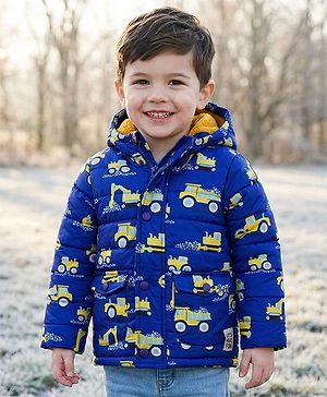 Babyhug Woven Full Sleeves Hooded Padded Jacket with Vehicle Print - Navy Blue
