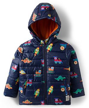 Babyhug Woven Full Sleeves Hooded Padded Jacket with Vehicle Print - Navy Blue