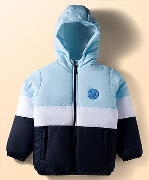 Babyhug Woven Full Sleeves Hooded Padded Jacket With Patch & Color Block Design - White Light & Navy Blue