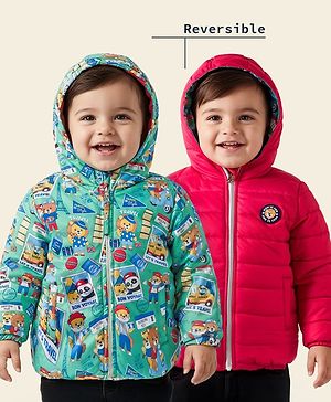 Babyhug Woven Full Sleeves Hooded Padded Reversible Jacket with Animal Print - Sea Green