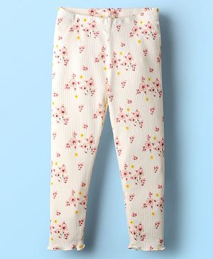 Babyhug Rib Cotton Knit Full Length Leggings With Stretch & Floral Print - White