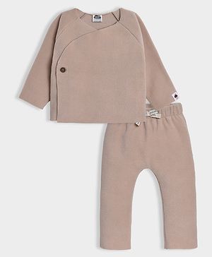 Mi Arcus Knit Full Sleeves Solid Wrapover Style Tee & Pajama Set - Light Peach
