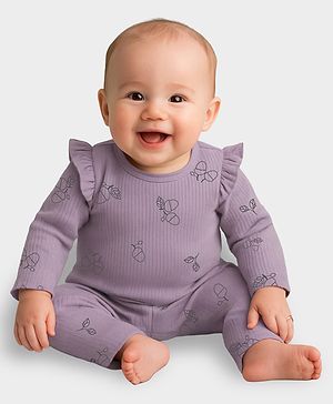 Mi Arcus Cotton Elastane Knit Full Sleeves Acorn Printed Ribbed Coordinating Top & Leggings Set - Mauve