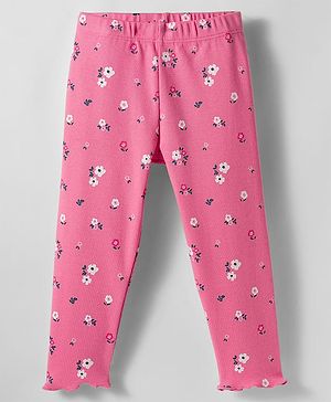Babyhug Rib Cotton Knit Full Length Leggings With Stretch & Floral Print - Pink