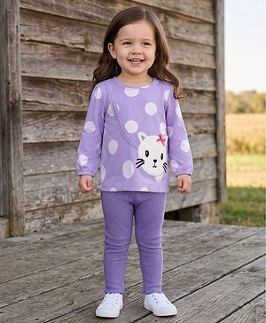 Babyhug Single Jersey Knit Full Sleeves Top and Leggings with Polka Dots & Cat Patch Print - Lavender