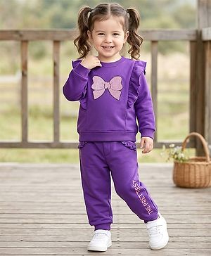 Babyhug Terry Knit Premium Light Gauge Terry Full Sleeves Top & Joggers Set With Bow Print - Purple