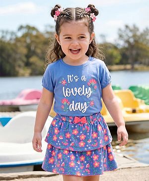 Babyhug Single Jersey Knit Half Sleeves Top and Skirt Set with Floral & Text Print - Blue
