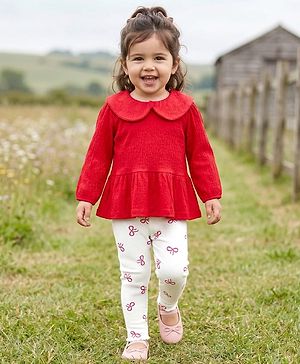 Babyhug Single Jersey Knit Full Sleeves Top and Pant Set With Bow Print - Red & White