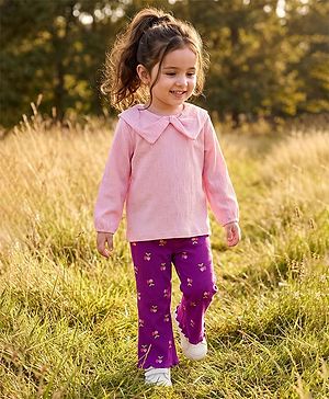 Babyhug Crinkle Knit Full Sleeves Top & Pant with Heart Print - Pink & Purple