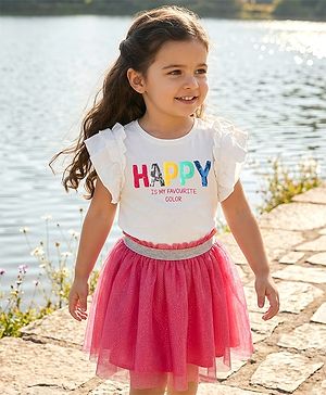 Babyhug Single Jersey Knit Frill Sleeves Top & mesh Skirt Set With Text Print - White & Pink