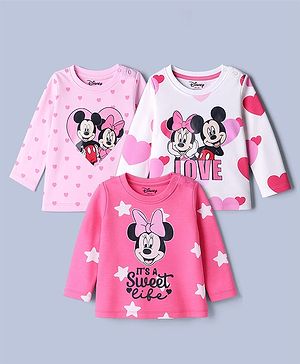 Babyhug Disney Single Jersey Knit Full Sleeves T-Shirts with Minnie & Friends Graphics Pack of 3 - Pink & White