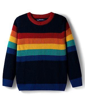 Pine Kids Knit Full Sleeves Pullover Sweater with Stripe Design - Navy Blue Yellow & Red