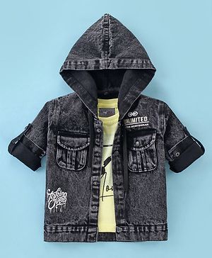 Dapper Dudes Full Sleeves Mild Washed Hooded Jacket With Bicycle Printed Tee Set - Black