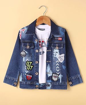 Dapper Dudes Full Sleeves Mild Washed Denim Jacket With Tee Set - Dark Blue