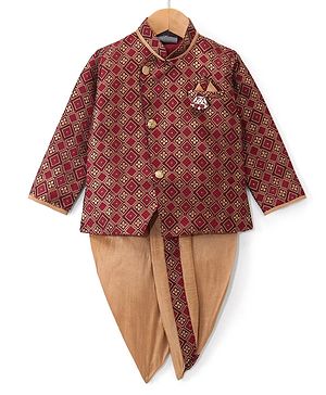 Dapper Dudes Cotton Silk Woven Full Sleeves Geometric Embroidered Kurta & Dhoti Set - Red