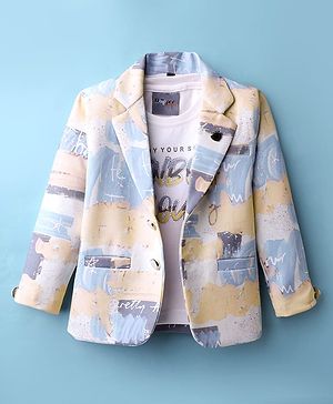 Dapper Dudes Full Sleeves Typography Printed Blazer With Tee Set - Lemon