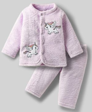Babyhug Velour Knit Full Sleeves Winterwear Night Suit with Unicorn Applique - Lavender