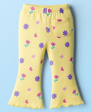 Babyhug Cotton Lycra Knit Full Length Leggings With Floral Print & Stretch - Yellow