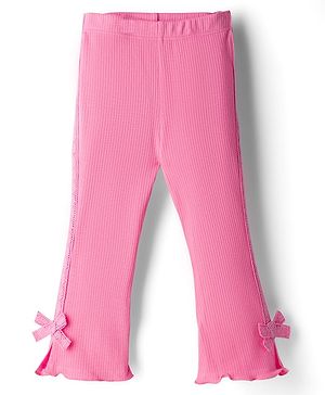 Babyhug Rib Cotton Lycra Knit Full Length Leggings with Stretch & Bow Applique - Pink