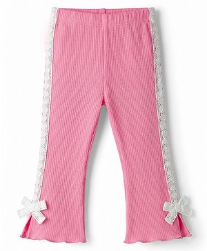 Babyhug Rib Cotton Lycra Knit Full Length Leggings with Stretch & Bow Applique - Pink