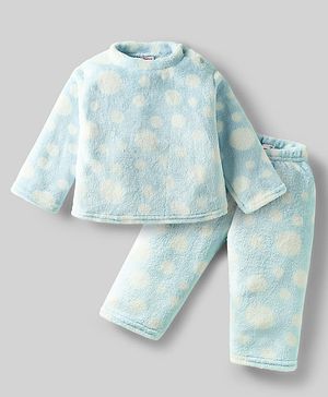 Babyhug Velour Knit Full Sleeves Co-ords Night Suit With Polka Dots - Light Blue