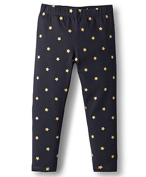 Babyhug Cotton Lycra Knit Full Length Leggings With Stretch & Star Print - Black