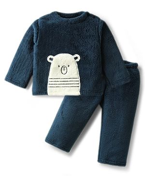 Babyhug Velour Knit Full Sleeves Winterwear Nightsuit with Bear Patch - Navy Blue