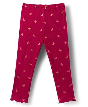 Babyhug Rib Cotton Lycra Knit Full Length Leggings With Stretch & Butterfly Print - Pink