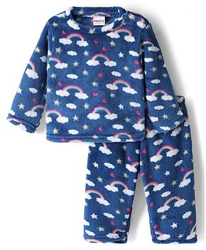 Babyhug Velour Knit Full Sleeves Co-ord Winterwear Night Suit with Rainbow Print - Blue