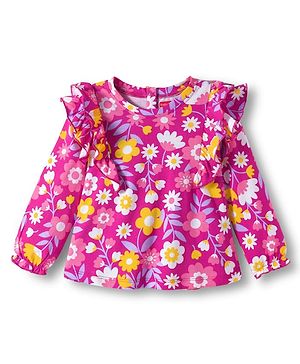 Babyhug 100% Cotton Knit Full Sleeves Top with Floral Print & Frill Detailing - Pink