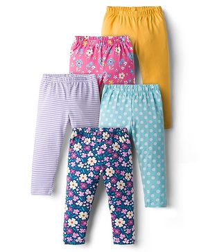 Babyhug  Cotton Lycra Knit Full Length Leggings With Stretch & Floral Print Pack Of 5 - Multicolour