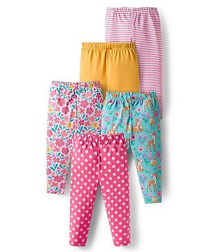 Babyhug Cotton Lycra knit Full Length  Leggings With Stretch Polka Dots & Floral Print Pack of 5 - Pink Yellow & Light Blue