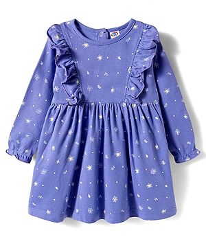 Zero Sinker Knit Full Sleeves Frock with Frill Detailing & Floral Print - Navy Blue