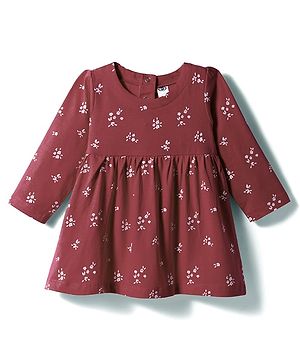 Zero Sinker Knit Full Sleeves Frock with Floral Print - Rose Gold