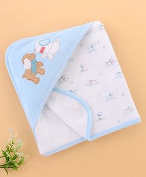 Zero Terry Knit Hooded Towel with Puppy Print & Patch Detailing L 86 x B 86 cm - Light Blue