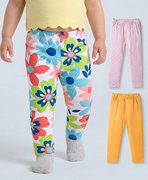 Babyhug Cotton Lycra Knit Full Length Leggings with Stretch Polka Dots & Floral Print Pack of 3 - Pink & Light Orange
