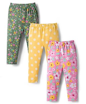 Babyhug Cotton Knit Full Length Leggings With Floral & Polka Dot Print Pack Of 3 - Pink Yellow & Green