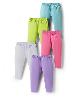Babyhug Cotton Knit Full Length Solid Colour Leggings With Stretch Pack Of 5 - Multicolour