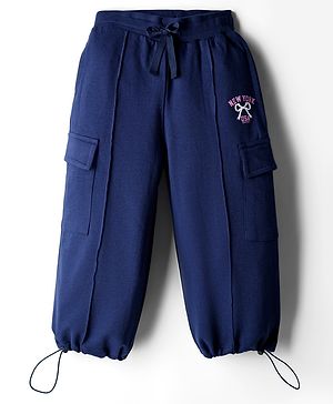 Babyhug French Terry Knit Full Length Lounge Pant With Text Print - Navy Blue