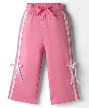 Babyhug French Terry Knit Full Length Track Pant with Tape Design & Bow Applique - Pink