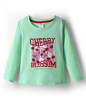 Smarty Girls Sinker Knit Full Sleeves T-Shirt with Cherry Print - Mint