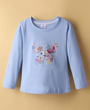 Smarty Girls Sinker Knit Full Sleeves T-Shirt with Floral Print - Sky Blue